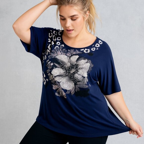 Agenda Womens XL Navy Blue Rhinestone Floral Cheetah Print Dolman Top Blouse Y2K - Picture 1 of 7